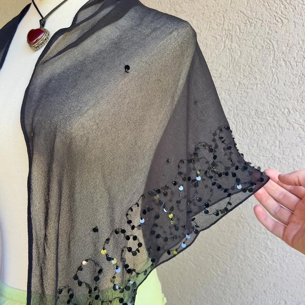 Vintage Black Sequin Shawl Scarf Accessory Whimsigoth